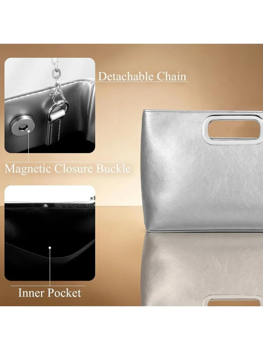 Women's Silver Clutch Handbag Modern Faux Leather with Metal Handle Evening Bag
